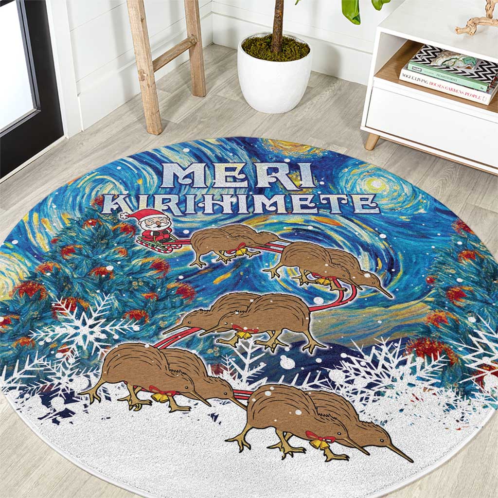 New Zealand Christmas Round Carpet Kiwis Santa Sleigh Starry Night Style LT05 Blue - Polynesian Pride