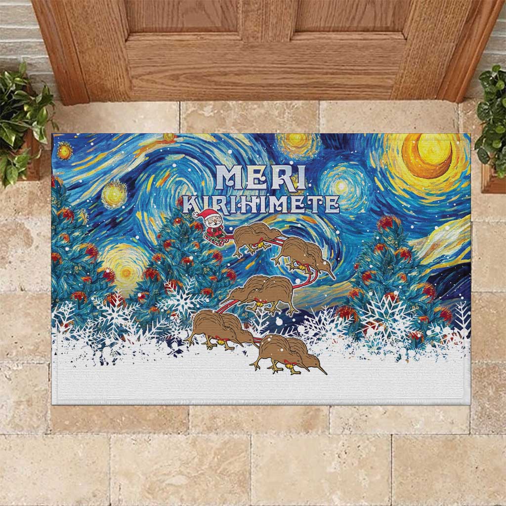 New Zealand Christmas Rubber Doormat Kiwis Santa Sleigh Starry Night Style LT05 Blue - Polynesian Pride