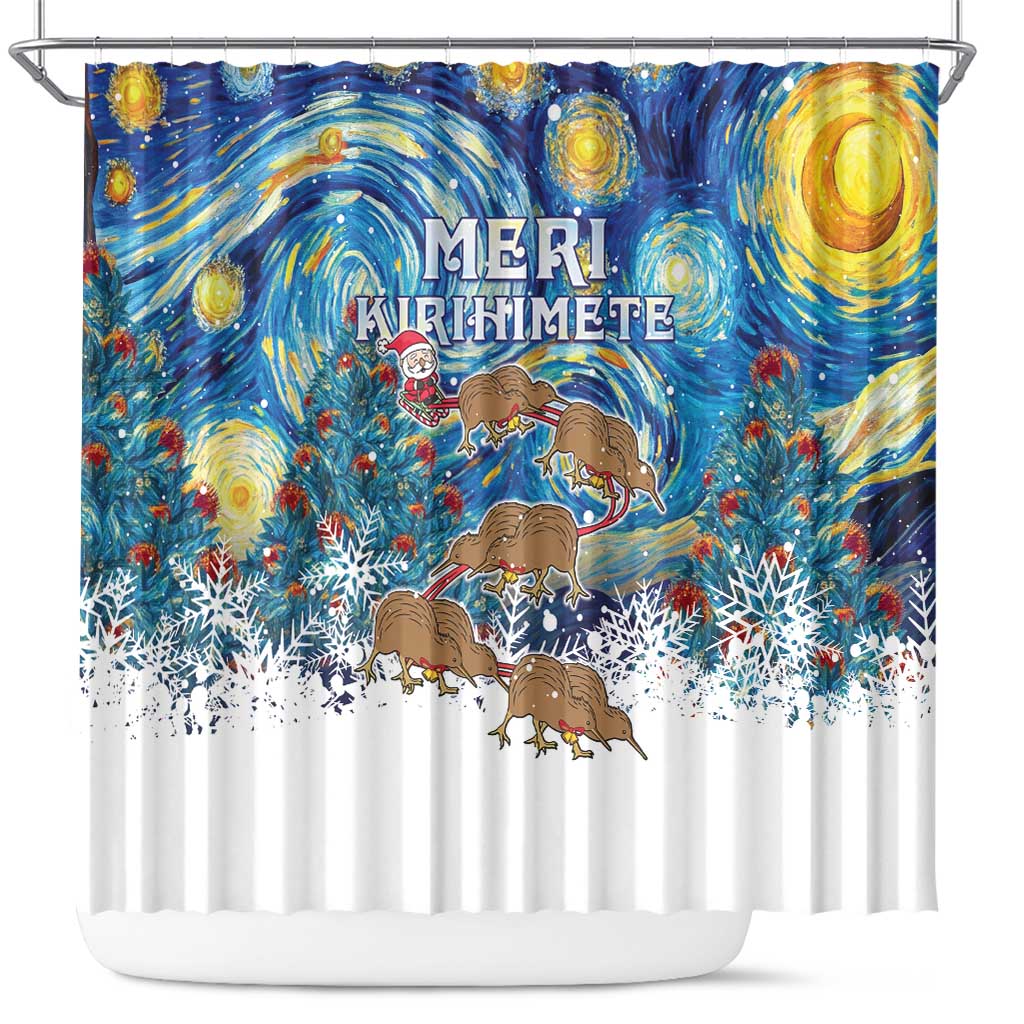 New Zealand Christmas Shower Curtain Kiwis Santa Sleigh Starry Night Style LT05 Blue - Polynesian Pride