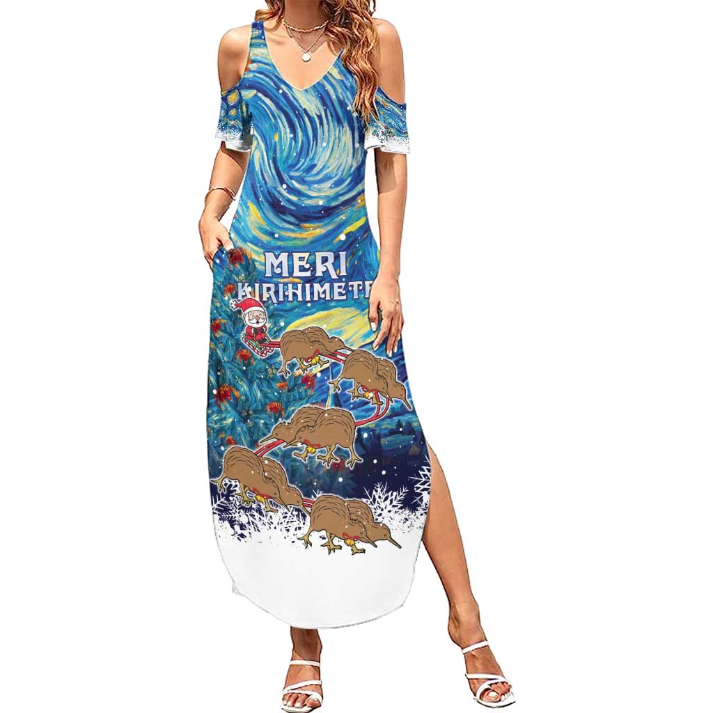 New Zealand Christmas Summer Maxi Dress Kiwis Santa Sleigh Starry Night Style LT05 Women Blue - Polynesian Pride