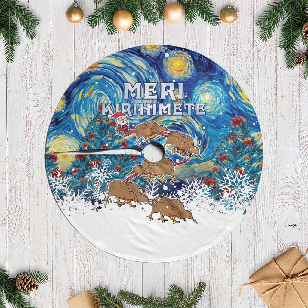 New Zealand Christmas Tree Skirt Kiwis Santa Sleigh Starry Night Style LT05 Casual Blue - Polynesian Pride