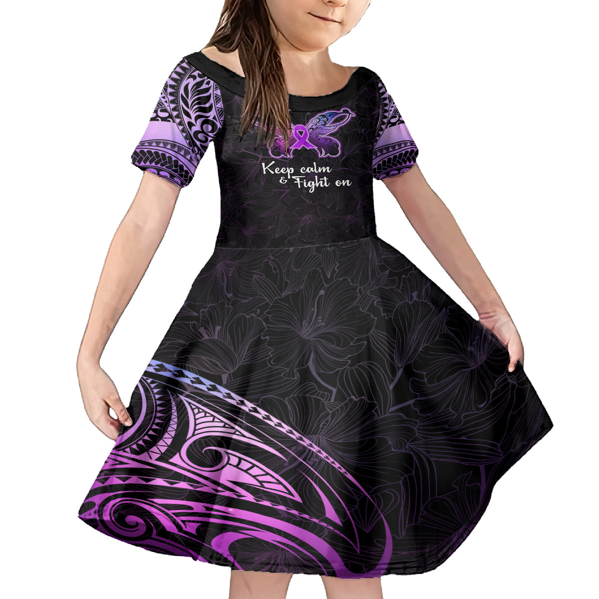 Pancreatic Cancer Awareness Kid Short Sleeve Dress Keep Calm And Fight On Polynesian Pattern LT05 KID Purple - Polynesian Pride
