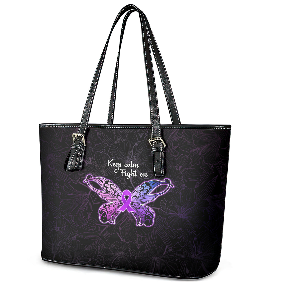 Pancreatic Cancer Awareness Leather Tote Bag Keep Calm And Fight On Polynesian Pattern LT05 - Polynesian Pride