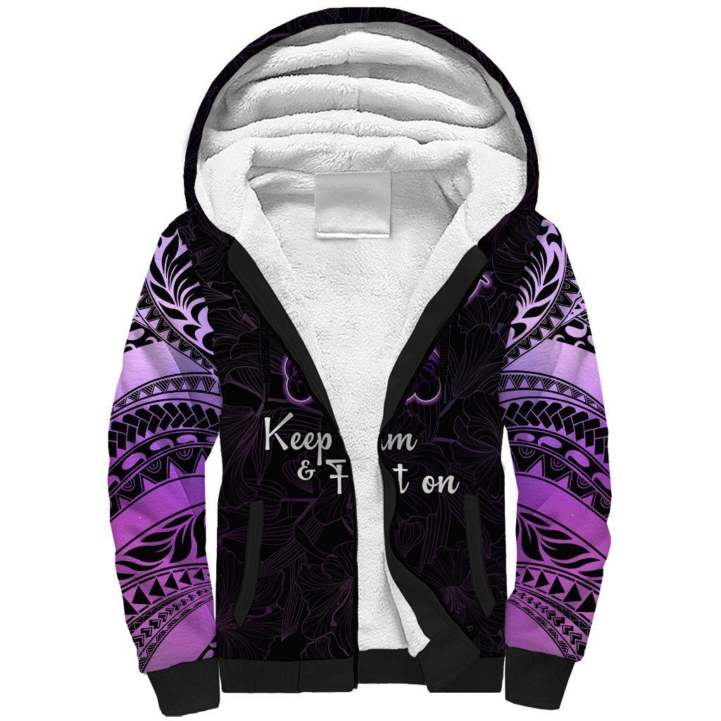Pancreatic Cancer Awareness Sherpa Hoodie Keep Calm And Fight On Polynesian Pattern LT05 Unisex Purple - Polynesian Pride