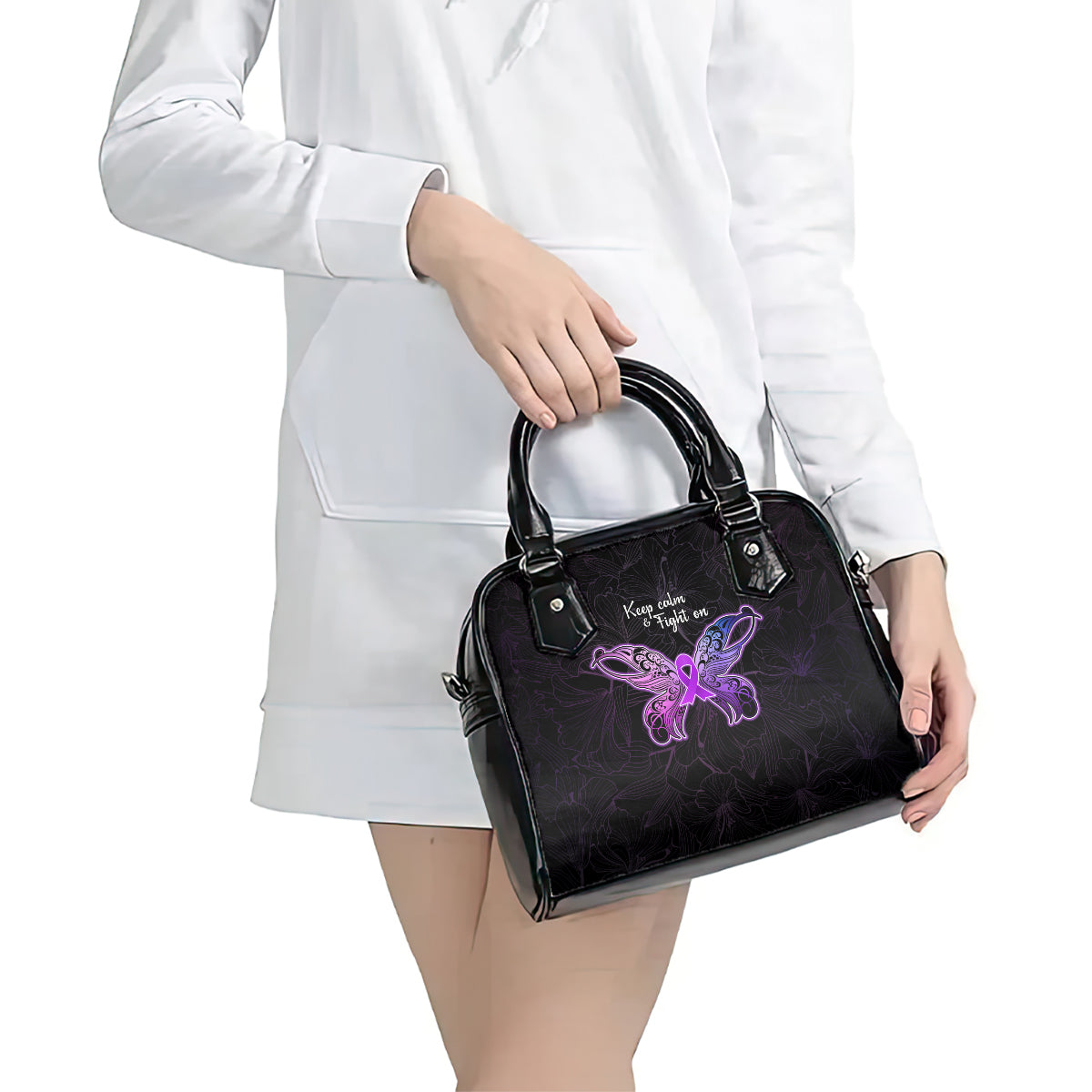 Pancreatic Cancer Awareness Shoulder Handbag Keep Calm And Fight On Polynesian Pattern LT05 - Polynesian Pride
