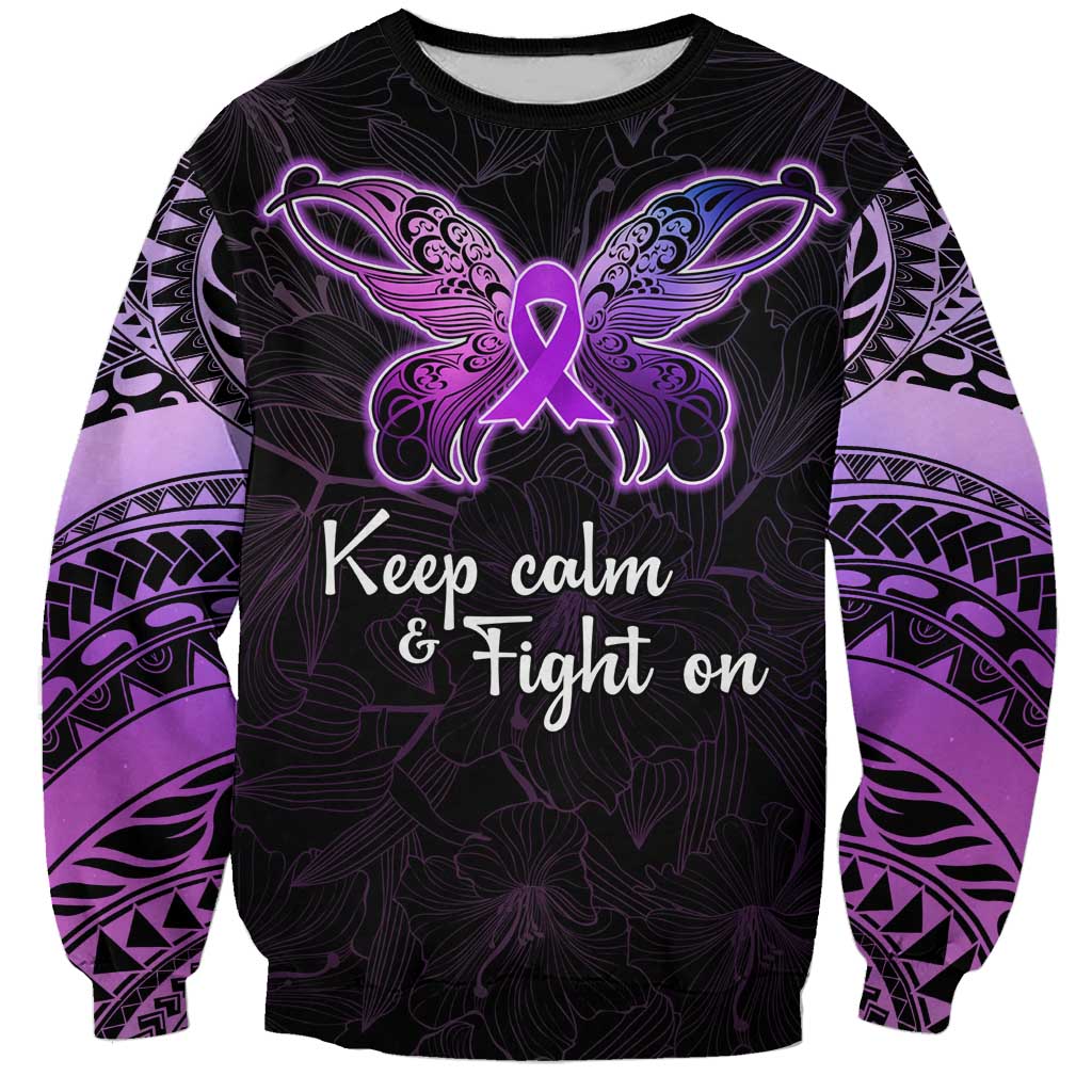 Pancreatic Cancer Awareness Sweatshirt Keep Calm And Fight On Polynesian Pattern LT05 Unisex Purple - Polynesian Pride
