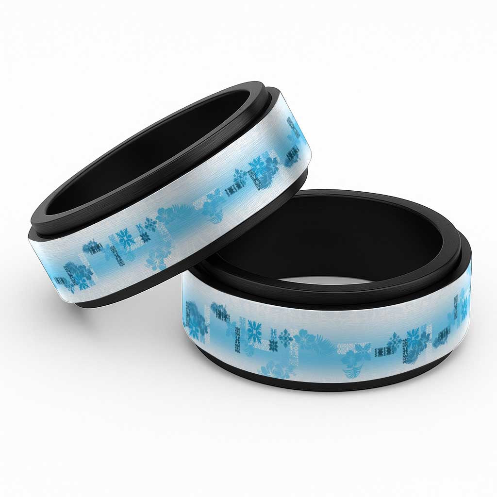 Hawaiian Quilt Spinner Ring Vintage Pattern Blue LT05 Black Blue - Polynesian Pride