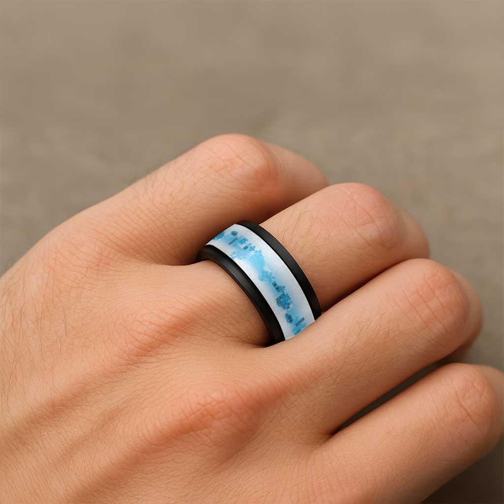 Hawaiian Quilt Spinner Ring Vintage Pattern Blue LT05 - Polynesian Pride