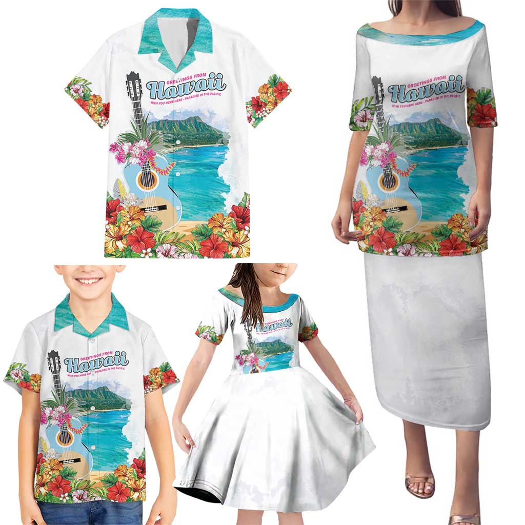 Aloha Hawaii Waikiki Beach Landscape Family Matching Puletasi and Hawaiian Shirt