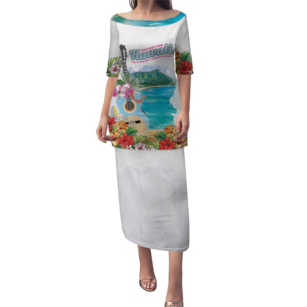 Aloha Hawaii Waikiki Beach Landscape Puletasi LT05 Long Dress White - Polynesian Pride
