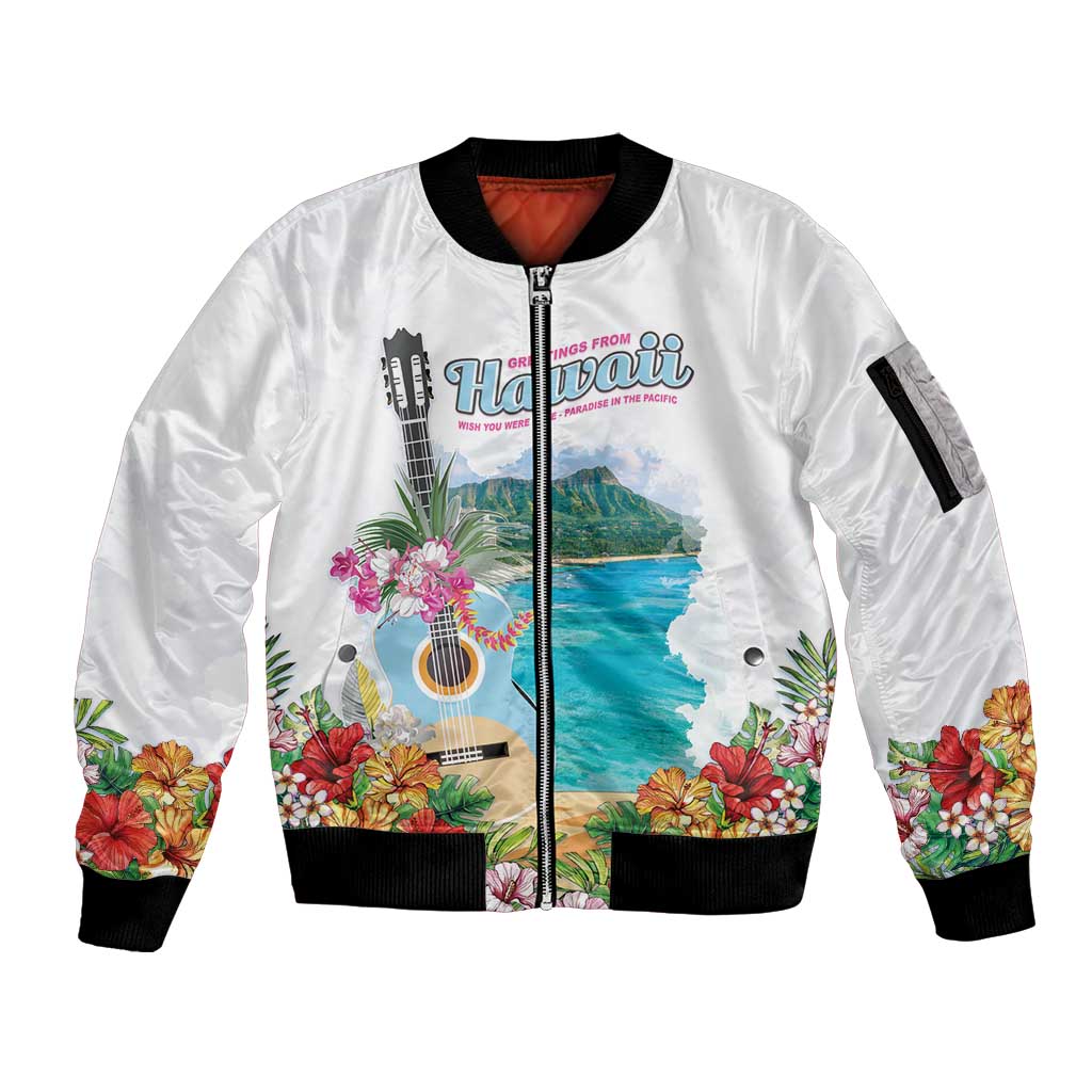 Aloha Hawaii Waikiki Beach Landscape Sleeve Zip Bomber Jacket LT05 Unisex White - Polynesian Pride