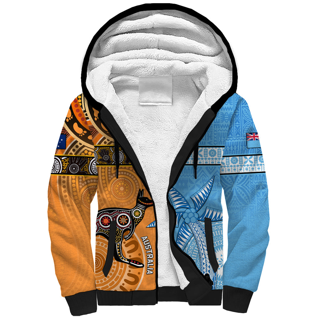 Custom Fiji Tapa And Australia Aboriginal Together Sherpa Hoodie LT05 Unisex Blue - Polynesian Pride