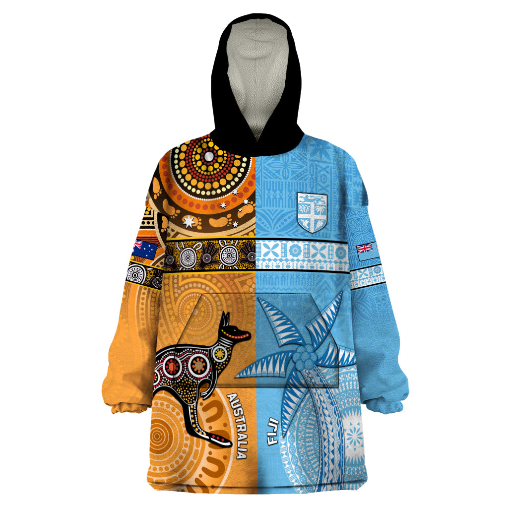 Custom Fiji Tapa And Australia Aboriginal Together Wearable Blanket Hoodie LT05 One Size Blue - Polynesian Pride