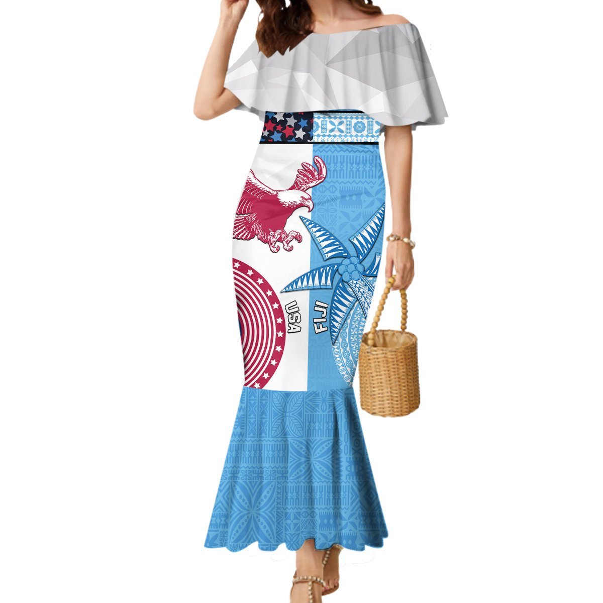 Custom Fiji And USA Palm Tree With Eagle Mermaid Dress LT05 Women Blue - Polynesian Pride