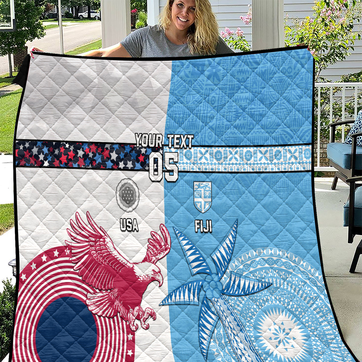 Custom Fiji And USA Palm Tree With Eagle Quilt LT05 Blue - Polynesian Pride