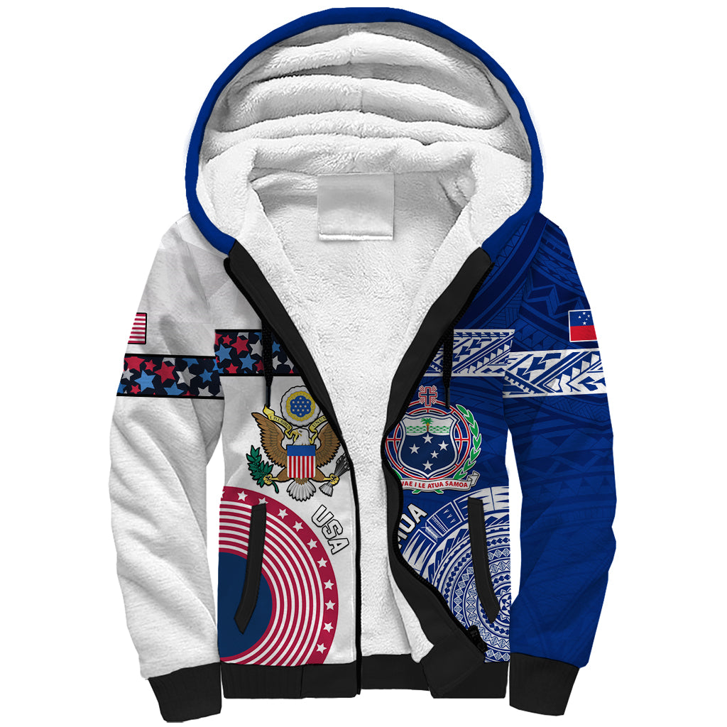 Custom Samoa And USA Together Sherpa Hoodie LT05 Unisex Blue - Polynesian Pride