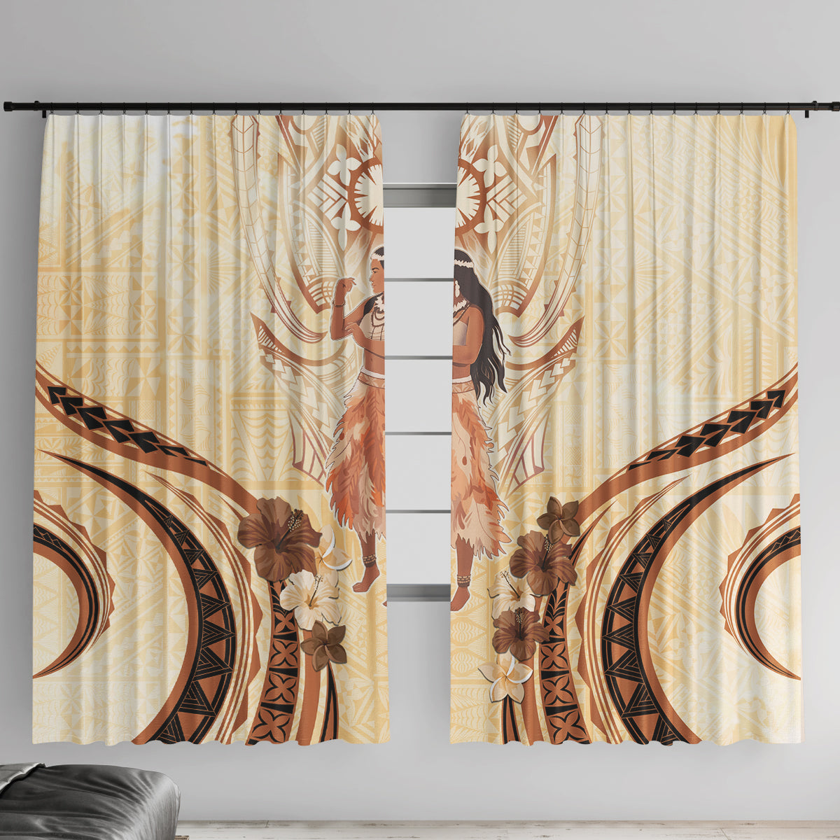 Tonga Women's Day Window Curtain With Polynesian Pattern LT05 With Hooks Beige - Polynesian Pride