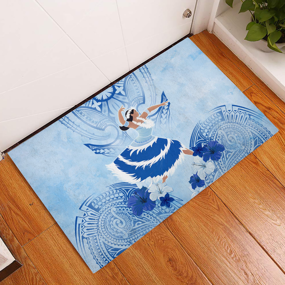 Cook Islands Women's Day Rubber Doormat With Polynesian Pattern LT05 Blue - Polynesian Pride