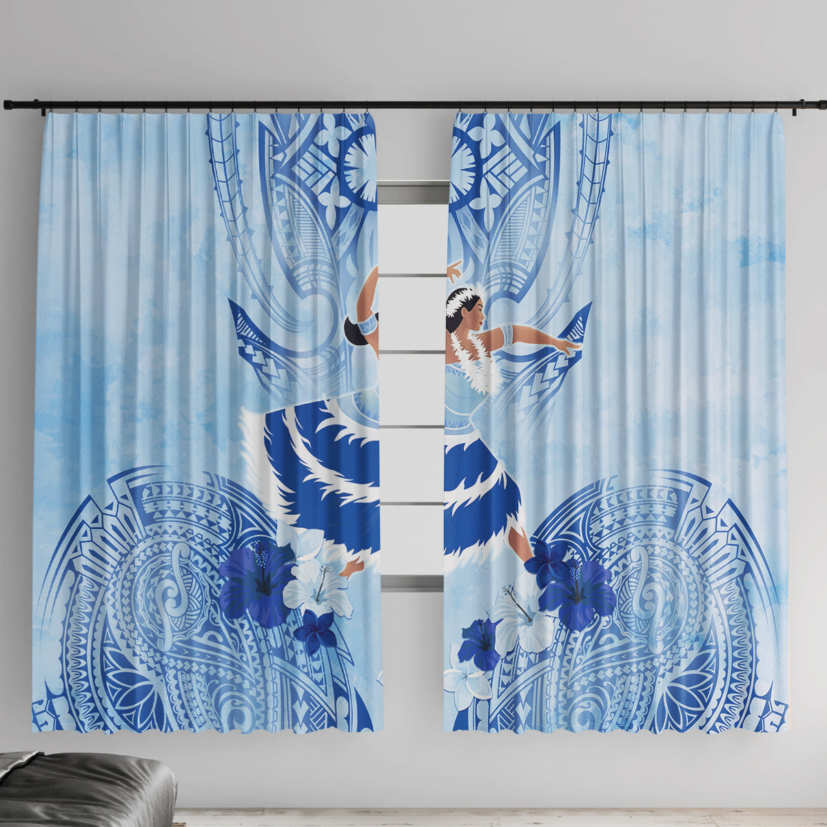 Cook Islands Women's Day Window Curtain With Polynesian Pattern LT05 With Hooks Blue - Polynesian Pride