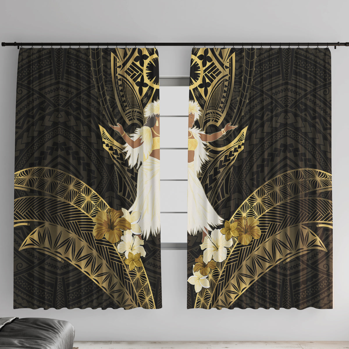 Niue Women's Day Window Curtain With Polynesian Pattern LT05 With Hooks Gold - Polynesian Pride