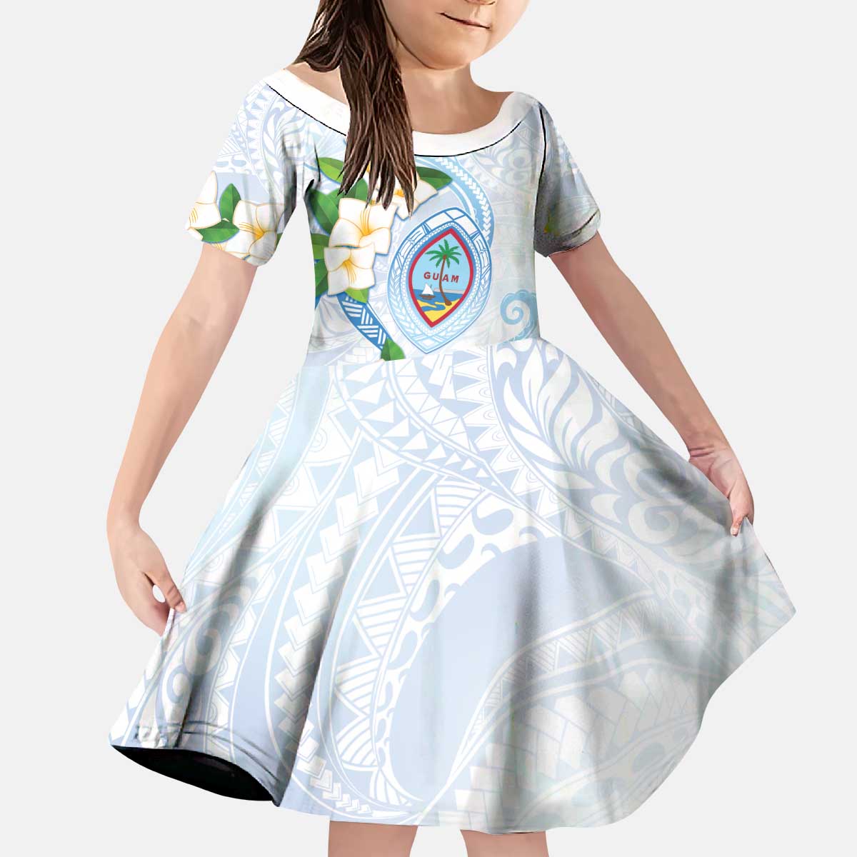 Guam Chamorro Kid Short Sleeve Dress Guasali Flowers Curves Style LT05 KID Blue - Polynesian Pride