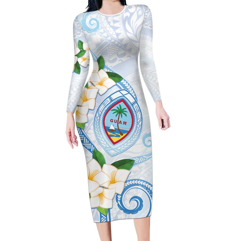 Guam Chamorro Long Sleeve Bodycon Dress Guasali Flowers Curves Style LT05 Long Dress Blue - Polynesian Pride