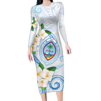 Guam Chamorro Long Sleeve Bodycon Dress Guasali Flowers Curves Style LT05 Long Dress Blue - Polynesian Pride