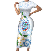 Guam Chamorro Short Sleeve Bodycon Dress Guasali Flowers Curves Style LT05 Long Dress Blue - Polynesian Pride
