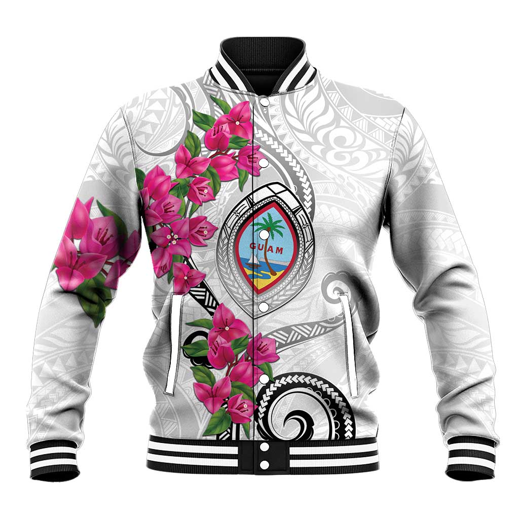 Guam Chamorro Baseball Jacket Curves Polynesian Tattoo Mix Bougainvillea LT05 Unisex White - Polynesian Pride
