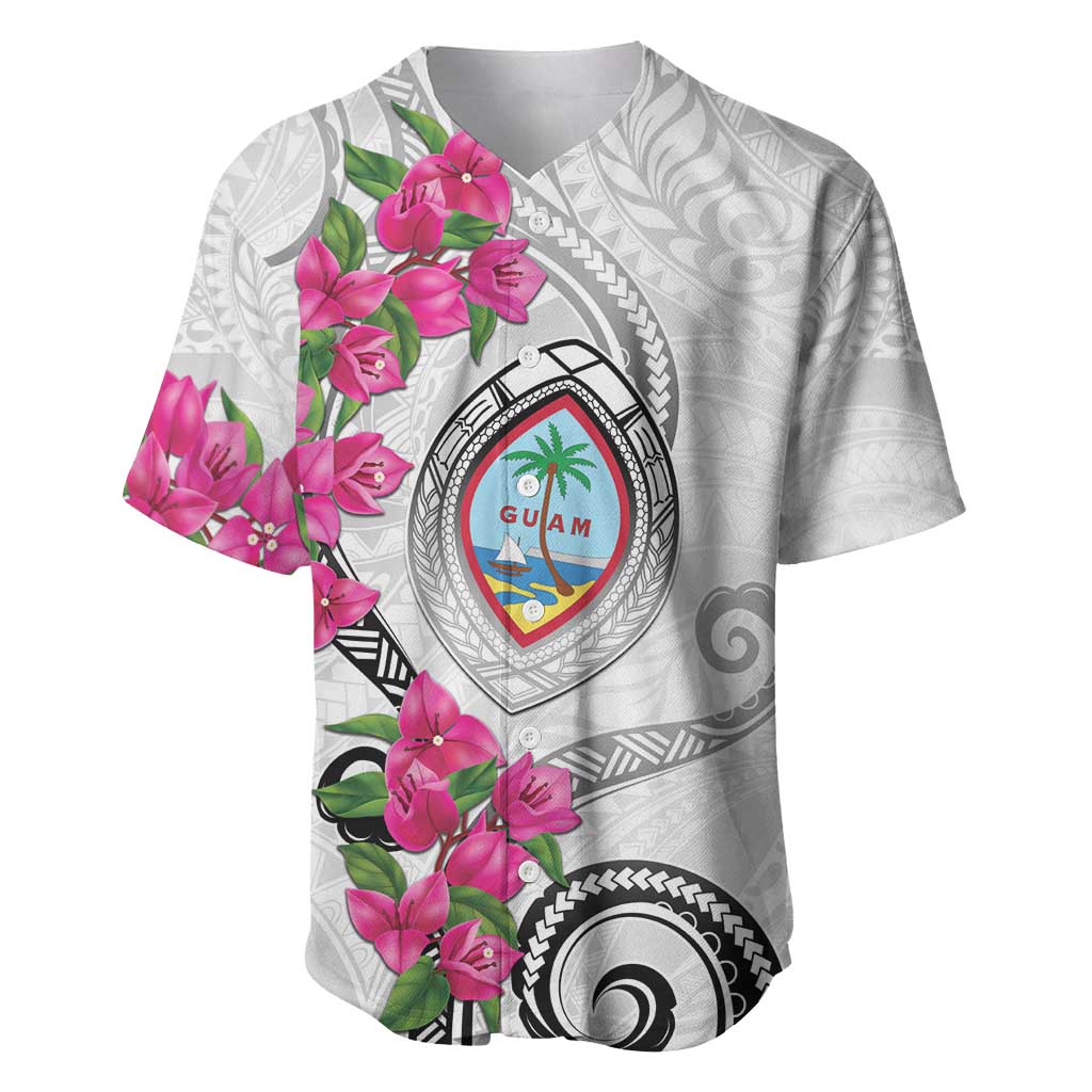 Guam Chamorro Baseball Jersey Curves Polynesian Tattoo Mix Bougainvillea LT05 White - Polynesian Pride