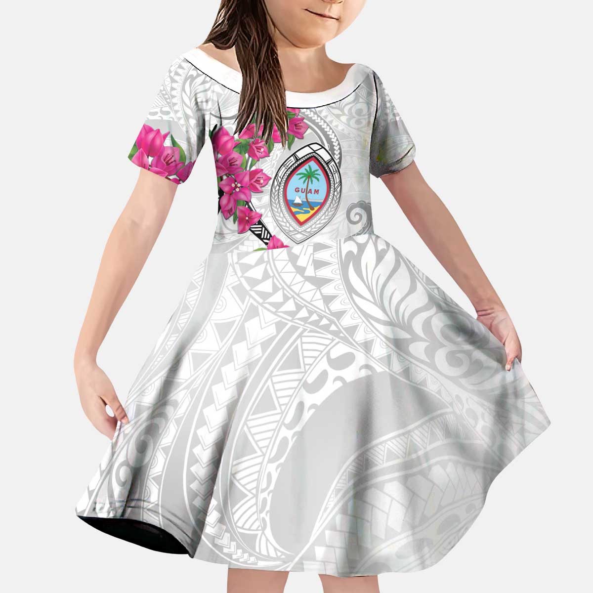 Guam Chamorro Kid Short Sleeve Dress Curves Polynesian Tattoo Mix Bougainvillea LT05 KID White - Polynesian Pride