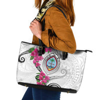 Guam Chamorro Leather Tote Bag Curves Polynesian Tattoo Mix Bougainvillea LT05 White - Polynesian Pride