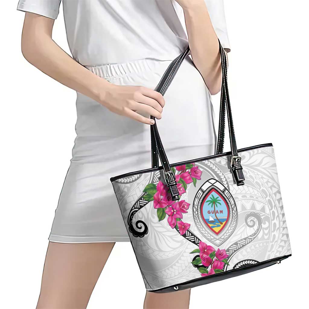 Guam Chamorro Leather Tote Bag Curves Polynesian Tattoo Mix Bougainvillea LT05 - Polynesian Pride
