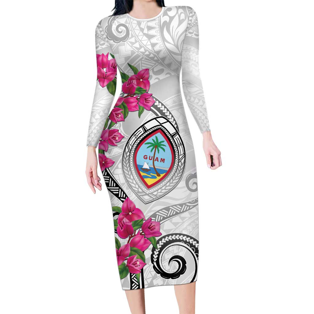 Guam Chamorro Long Sleeve Bodycon Dress Curves Polynesian Tattoo Mix Bougainvillea LT05 Long Dress White - Polynesian Pride