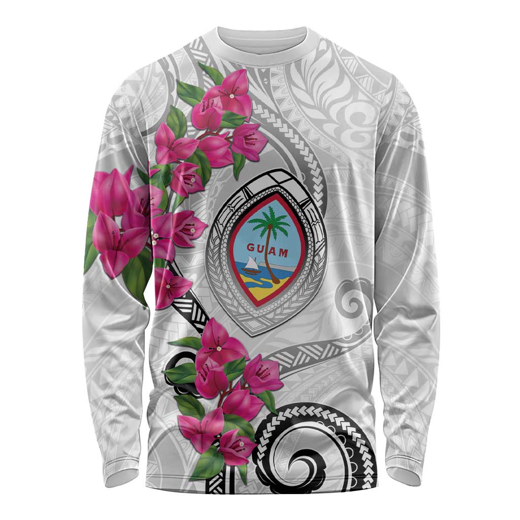 Guam Chamorro Long Sleeve Shirt Curves Polynesian Tattoo Mix Bougainvillea LT05 Unisex White - Polynesian Pride