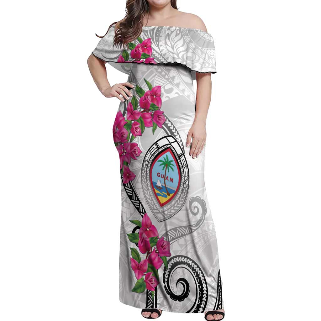 Guam Chamorro Off Shoulder Maxi Dress Curves Polynesian Tattoo Mix Bougainvillea LT05 Women White - Polynesian Pride