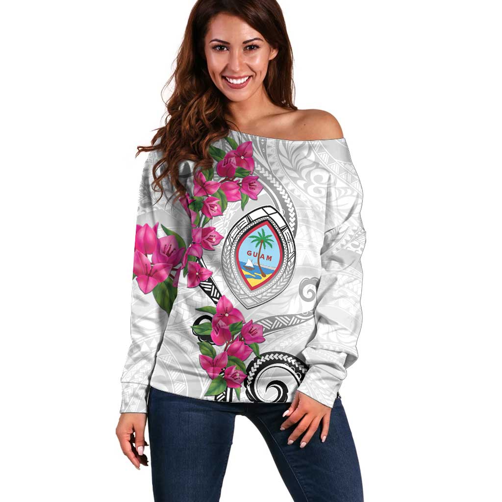 Guam Chamorro Off Shoulder Sweater Curves Polynesian Tattoo Mix Bougainvillea LT05 Women White - Polynesian Pride