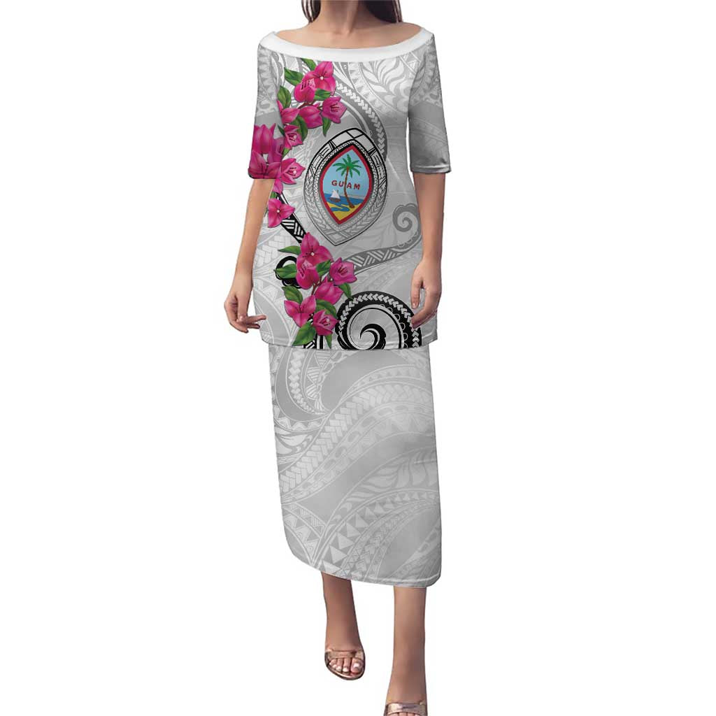 Guam Chamorro Puletasi Curves Polynesian Tattoo Mix Bougainvillea LT05 Long Dress White - Polynesian Pride