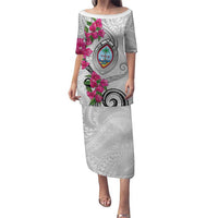 Guam Chamorro Puletasi Curves Polynesian Tattoo Mix Bougainvillea LT05 Long Dress White - Polynesian Pride