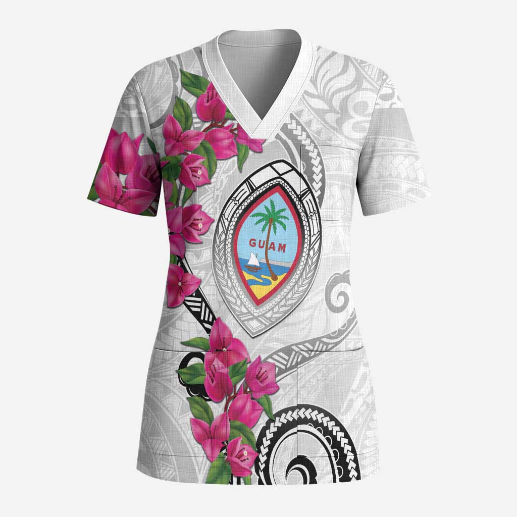 Guam Chamorro Scrub Top Curves Polynesian Tattoo Mix Bougainvillea LT05 Adult White - Polynesian Pride