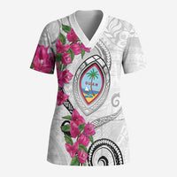Guam Chamorro Scrub Top Curves Polynesian Tattoo Mix Bougainvillea LT05 Adult White - Polynesian Pride