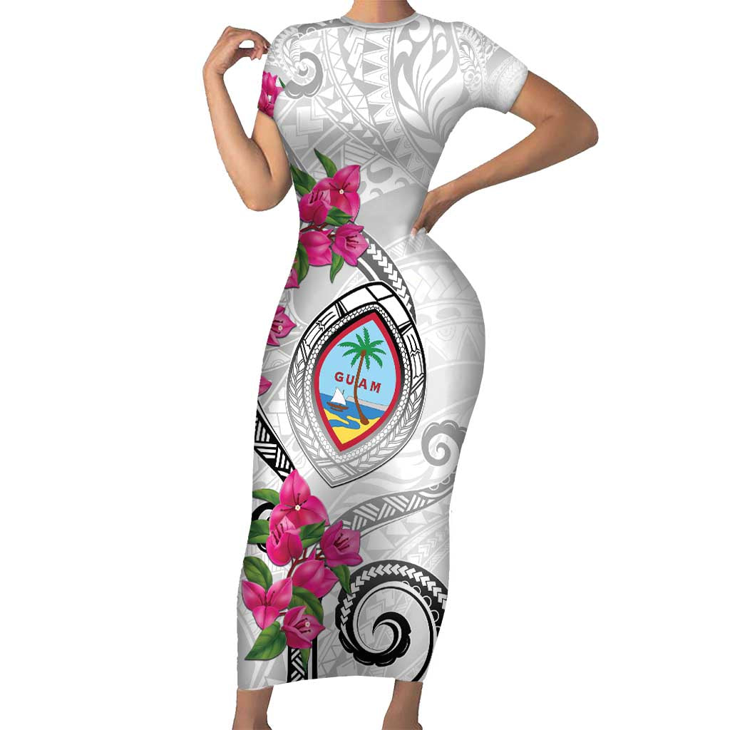 Guam Chamorro Short Sleeve Bodycon Dress Curves Polynesian Tattoo Mix Bougainvillea LT05 Long Dress White - Polynesian Pride