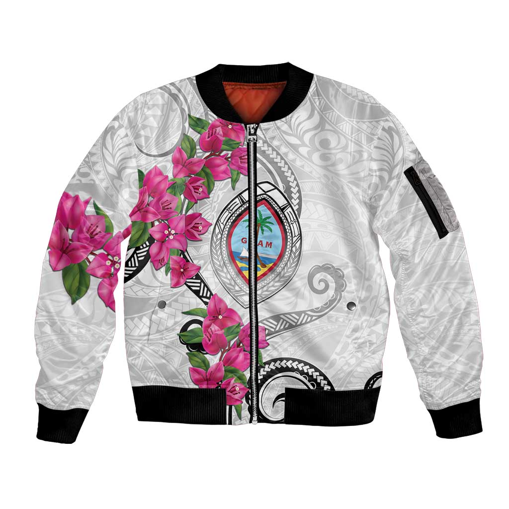 Guam Chamorro Sleeve Zip Bomber Jacket Curves Polynesian Tattoo Mix Bougainvillea LT05 Unisex White - Polynesian Pride