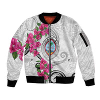 Guam Chamorro Sleeve Zip Bomber Jacket Curves Polynesian Tattoo Mix Bougainvillea LT05 Unisex White - Polynesian Pride