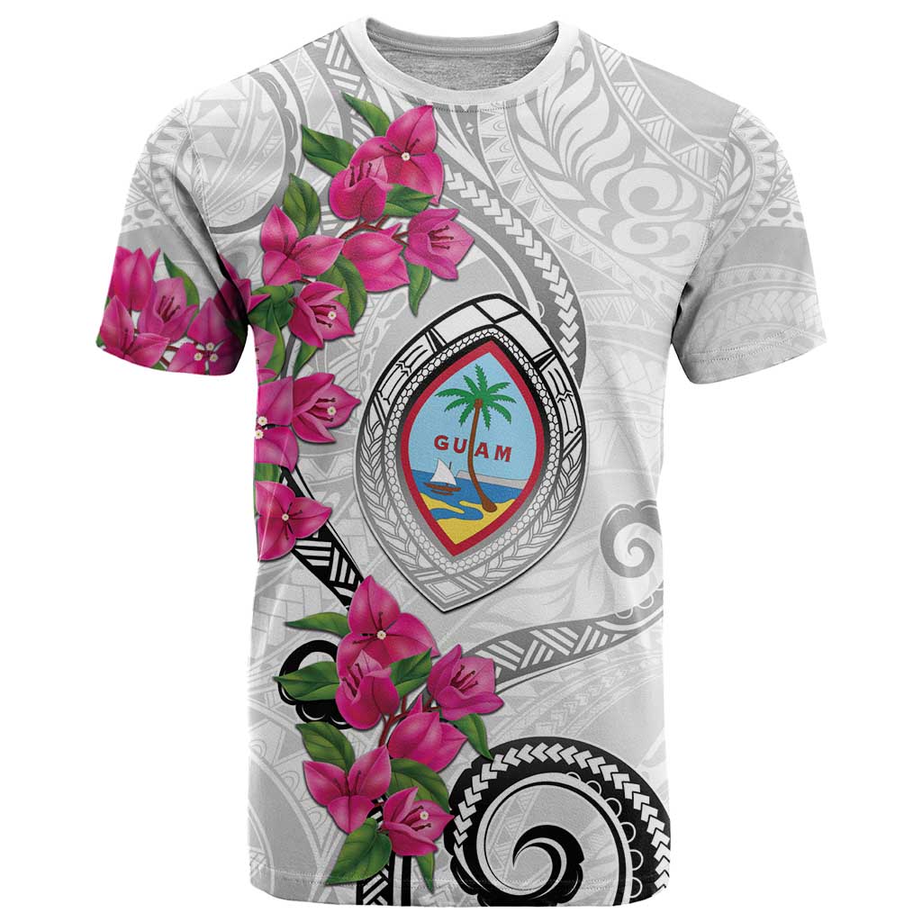 Guam Chamorro T Shirt Curves Polynesian Tattoo Mix Bougainvillea LT05 White - Polynesian Pride
