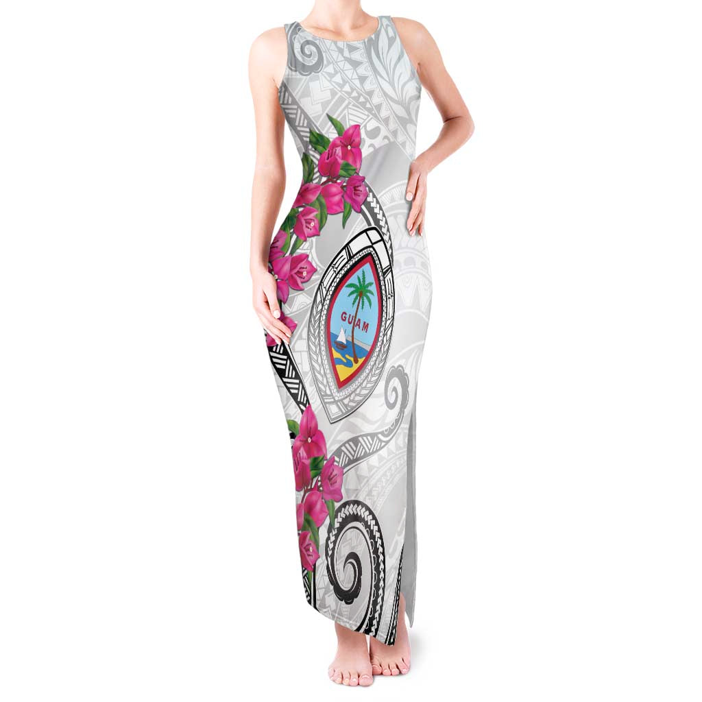 Guam Chamorro Tank Maxi Dress Curves Polynesian Tattoo Mix Bougainvillea LT05 Women White - Polynesian Pride