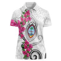Guam Chamorro Women Polo Shirt Curves Polynesian Tattoo Mix Bougainvillea LT05 Female White - Polynesian Pride