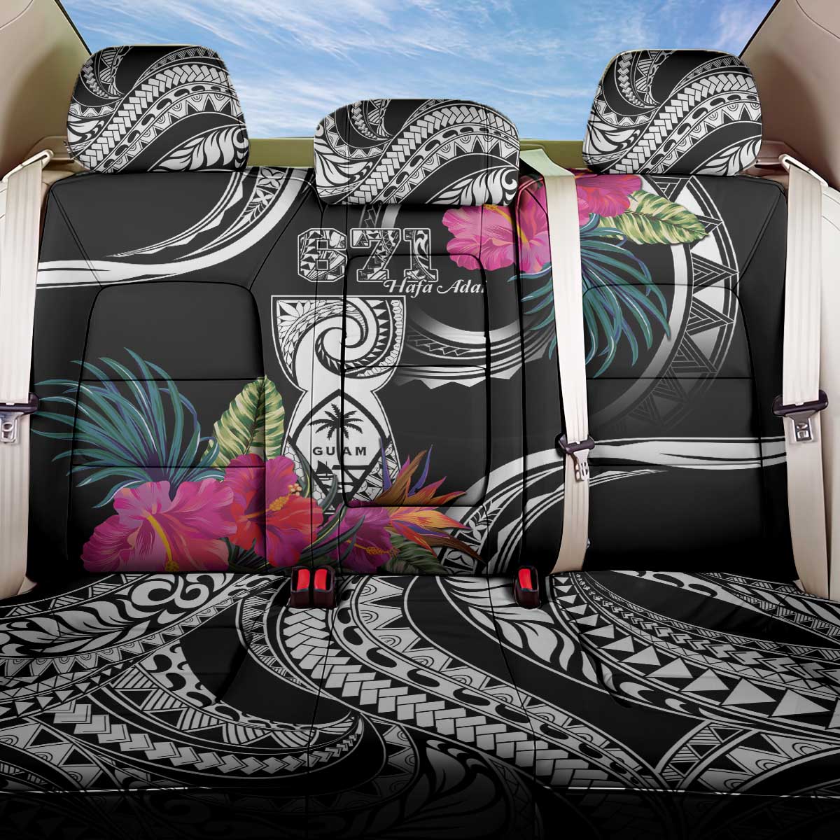 Hafa Adai Guam Back Car Seat Cover Polynesian Tattoo Tropical Flowers LT05 One Size Black - Polynesian Pride