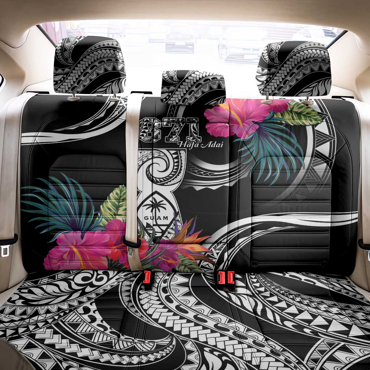 Hafa Adai Guam Back Car Seat Cover Polynesian Tattoo Tropical Flowers LT05 - Polynesian Pride