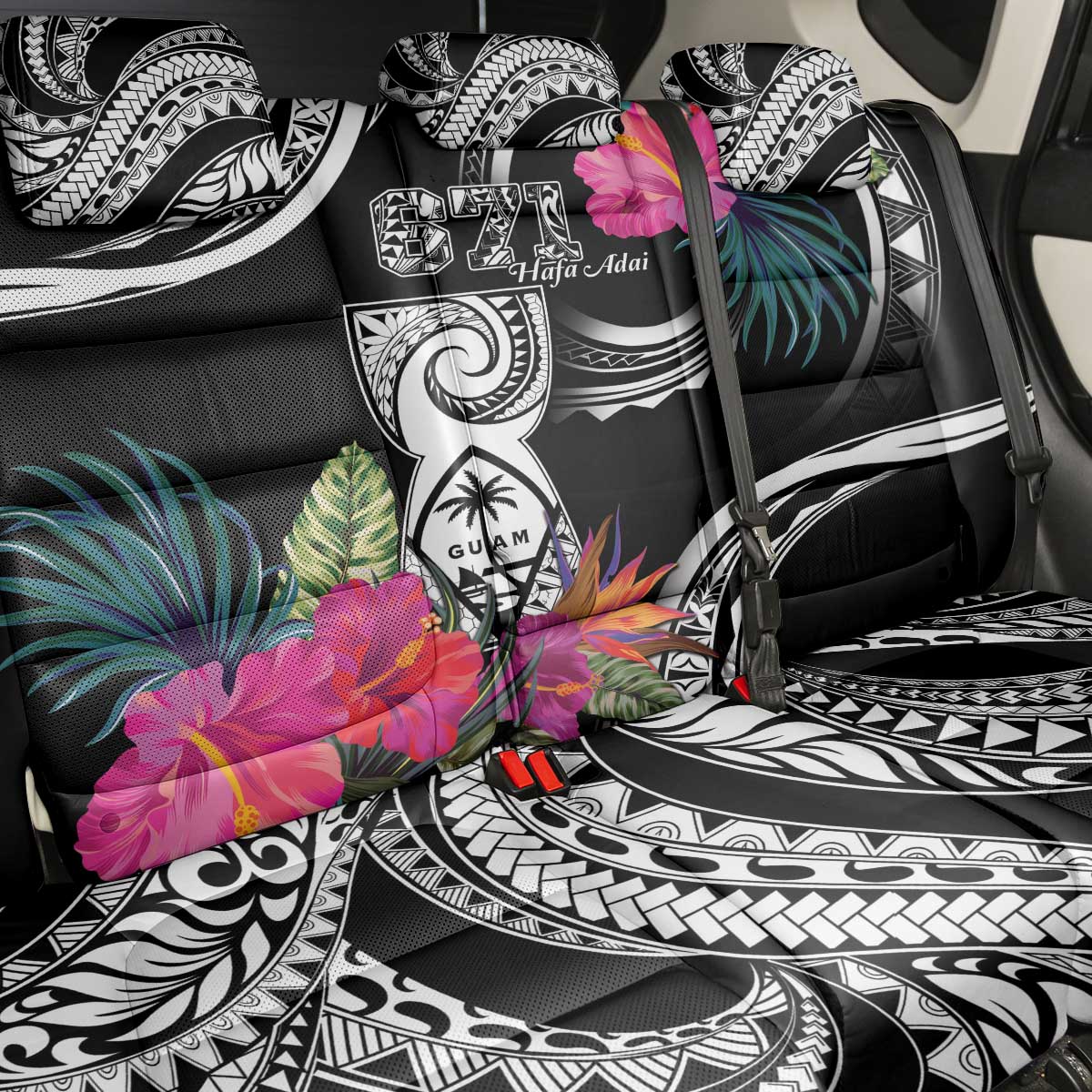 Hafa Adai Guam Back Car Seat Cover Polynesian Tattoo Tropical Flowers LT05 - Polynesian Pride